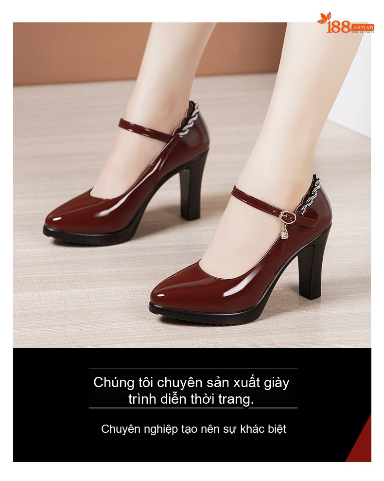 Giày Cao Gót Nữ Da Bóng Mũi Nhọn Quai Ngang Chiều Cao Đế Khoảng 8cm Màu Đen, Đỏ Rượu Vang chi tiết 3
