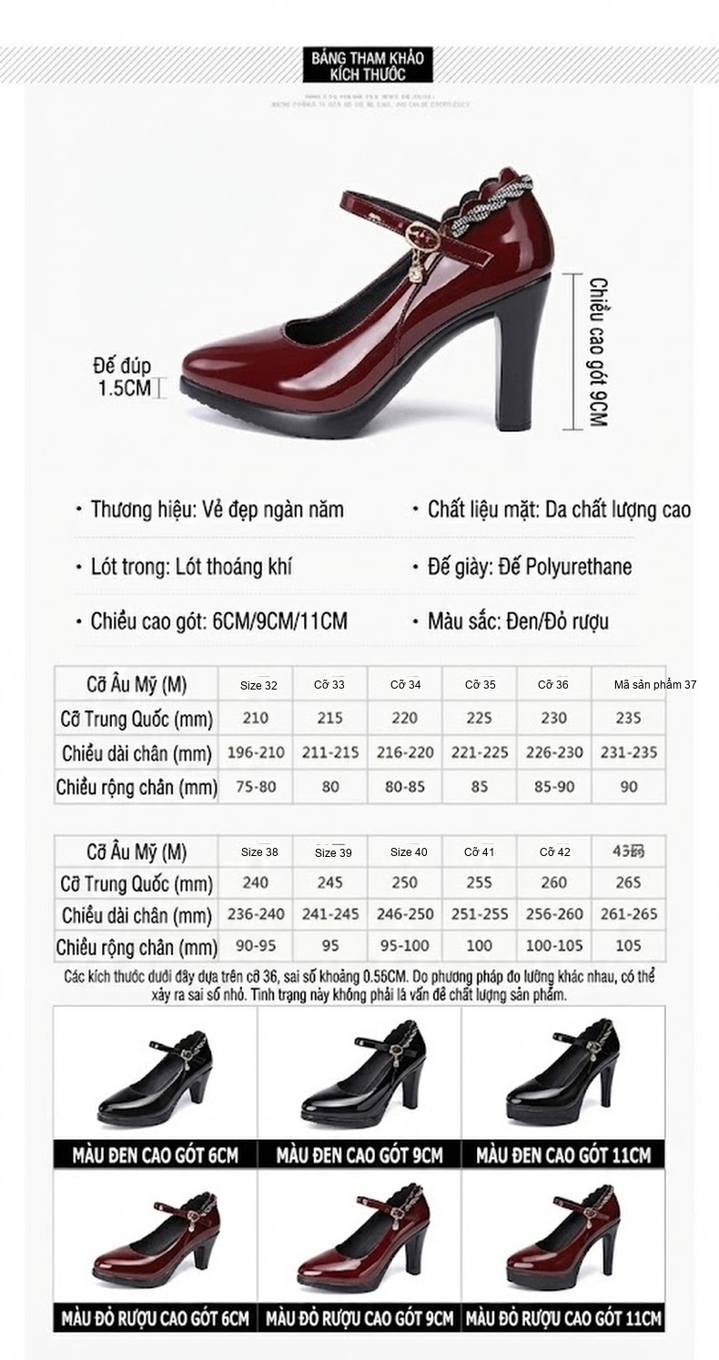 Giày Cao Gót Nữ Da Bóng Mũi Nhọn Quai Ngang Chiều Cao Đế Khoảng 8cm Màu Đen, Đỏ Rượu Vang chi tiết 4