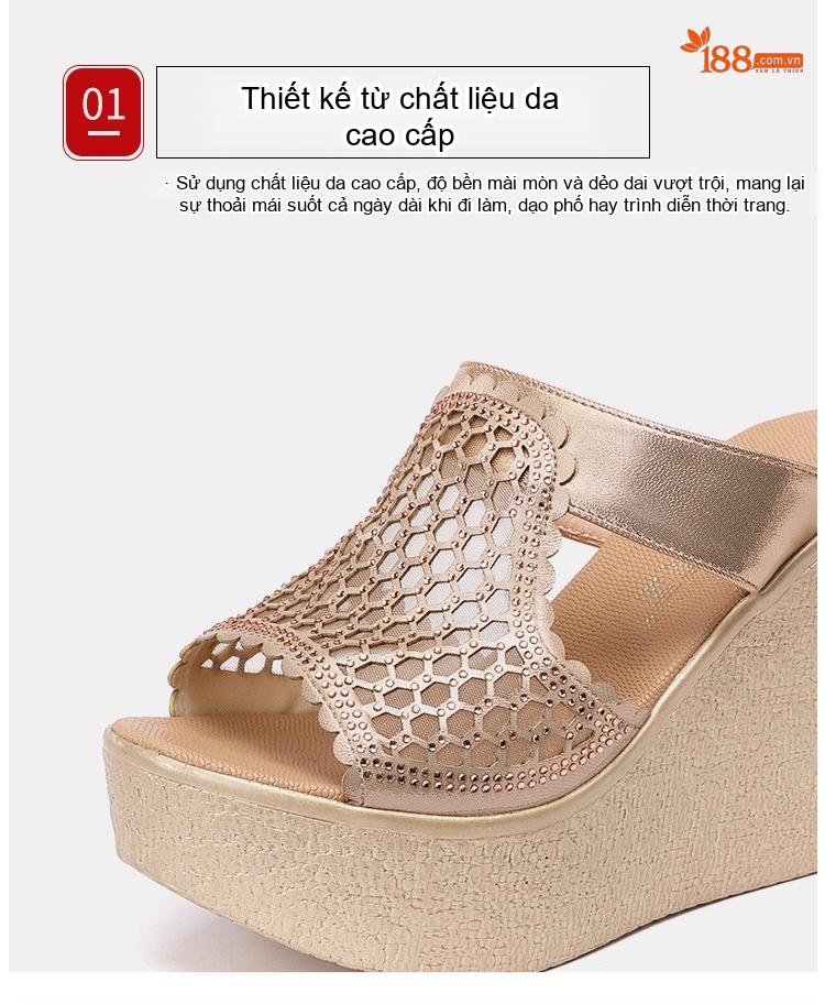 Dép Xuồng Nữ Quai Lưới Kim Tuyến Chiều Cao Đế 8cm Màu Vàng, Đen chi tiết 6
