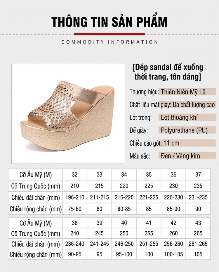 Dép Xuồng Nữ Quai Lưới Kim Tuyến Chiều Cao Đế 8cm Màu Vàng, Đen chi tiết 3