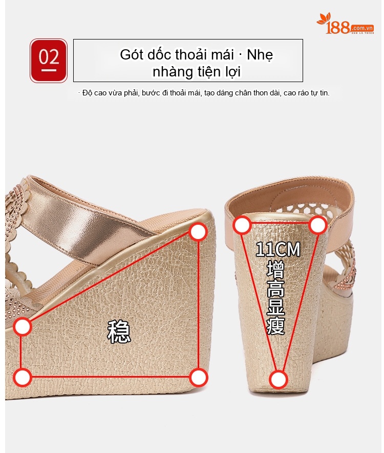 Dép Xuồng Nữ Quai Lưới Kim Tuyến Chiều Cao Đế 8cm Màu Vàng, Đen chi tiết 7