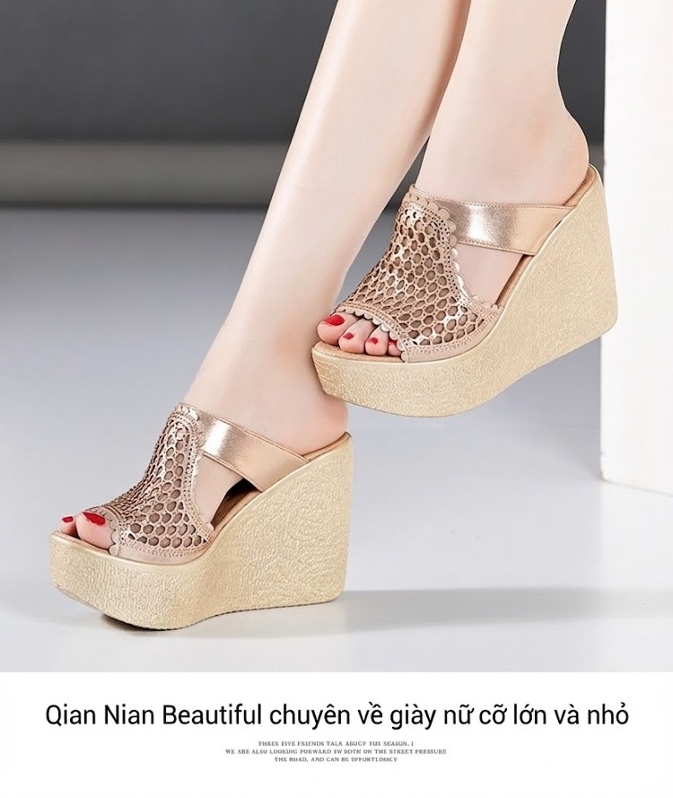 Dép Xuồng Nữ Quai Lưới Kim Tuyến Chiều Cao Đế 8cm Màu Vàng, Đen chi tiết 10