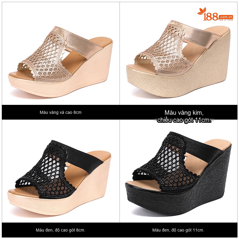 Dép Xuồng Nữ Quai Lưới Kim Tuyến Chiều Cao Đế 8cm Màu Vàng, Đen