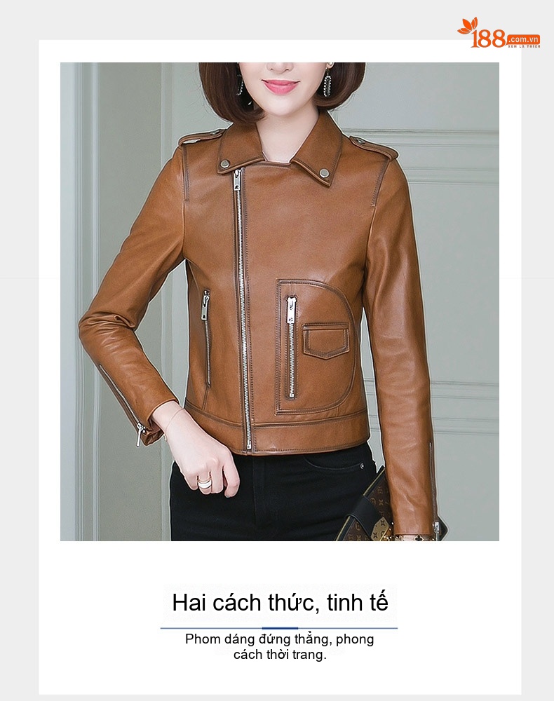 Áo Khoác Da Cừu Nữ Cổ chữ Vest Kiểu Ngắn Ôm Dáng Phong Cách Biker Màu Nâu chi tiết 5