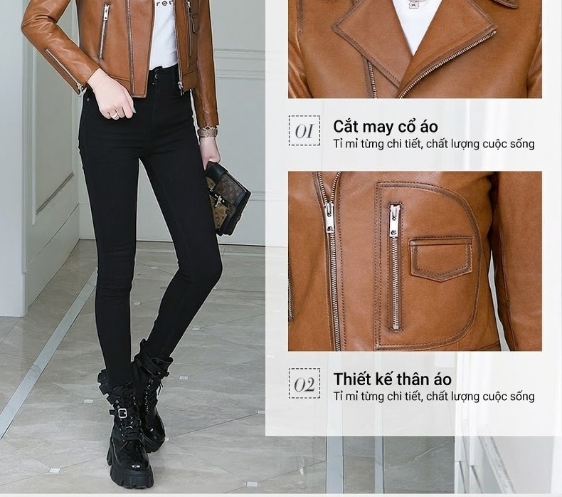Áo Khoác Da Cừu Nữ Cổ chữ Vest Kiểu Ngắn Ôm Dáng Phong Cách Biker Màu Nâu chi tiết 4