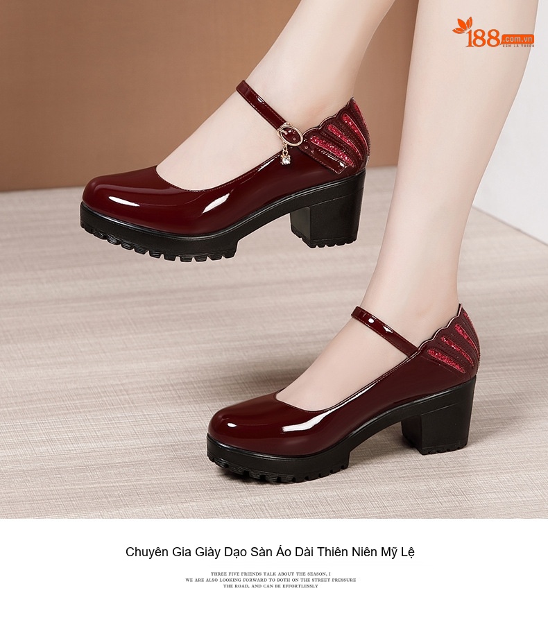 Giày Cao Gót Mary Jane Nữ Da Bóng Mũi Tròn Chiều Cao Đế Khoảng 8cm Màu Đen, Đỏ chi tiết 9