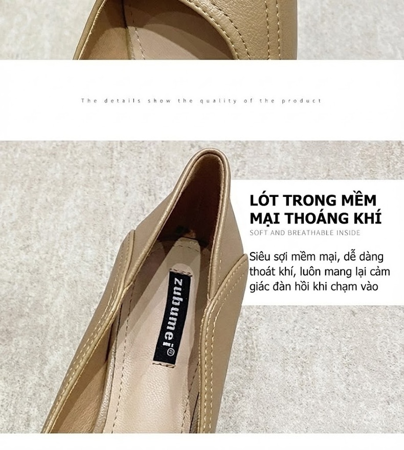 Giày Búp Bê Mũi Nhọn Gót Vuông Chiều Cao Đế Khoảng 5cm Phong Cách Công Sở Màu Đen, Kem, Nâu chi tiết 6