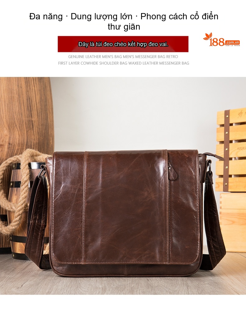 Túi Đeo Chéo Nam Da Bò Dáng Postman Cổ Điển Vintage Đựng Laptop Đi Làm Màu Nâu chi tiết 3