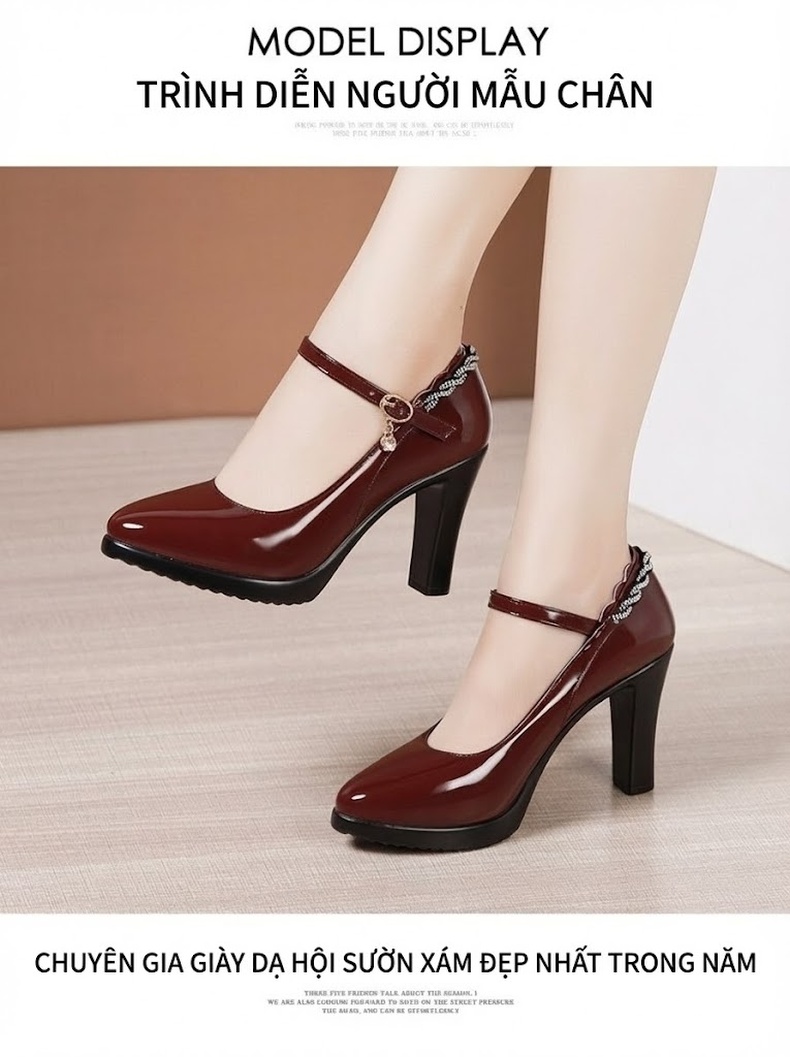 Giày Cao Gót Nữ Da Bóng Mũi Nhọn Quai Ngang Chiều Cao Đế Khoảng 8cm Màu Đen, Đỏ Rượu Vang chi tiết 8