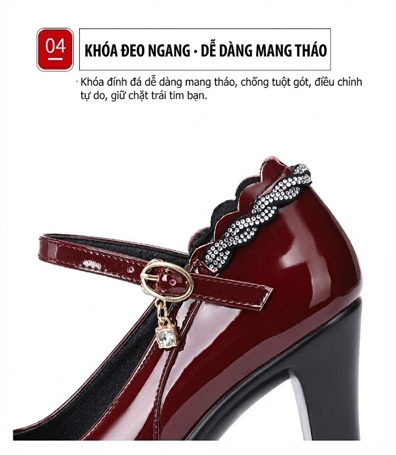 Giày Cao Gót Nữ Da Bóng Mũi Nhọn Quai Ngang Chiều Cao Đế Khoảng 8cm Màu Đen, Đỏ Rượu Vang chi tiết 7