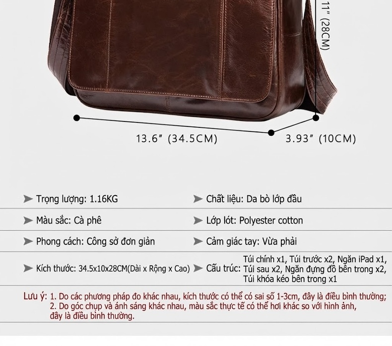 Túi Đeo Chéo Nam Da Bò Dáng Postman Cổ Điển Vintage Đựng Laptop Đi Làm Màu Nâu chi tiết 10
