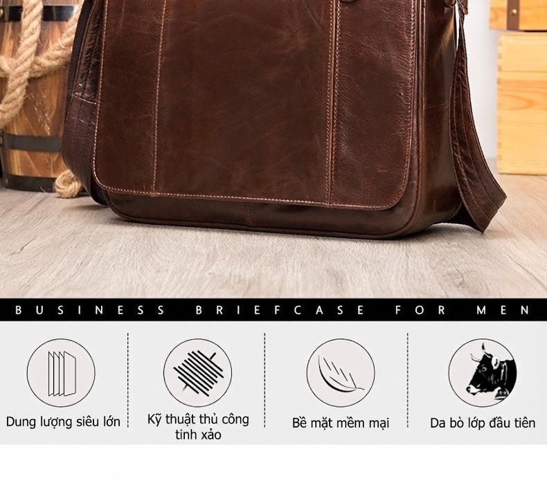 Túi Đeo Chéo Nam Da Bò Dáng Postman Cổ Điển Vintage Đựng Laptop Đi Làm Màu Nâu chi tiết 2