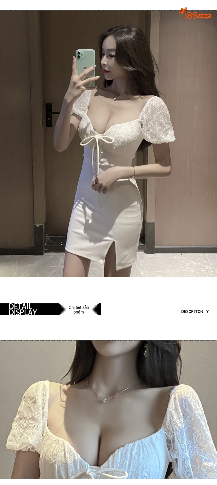 Váy Ngắn Nữ Ôm Body Cổ chữ V Trễ Vai Tay Bồng Ren Xẻ Tà Màu Trắng, Đen chi tiết 8