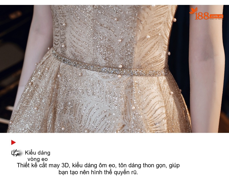 Váy Dạ Hội Nữ Cổ Tàu Tay Ngắn Dáng Dài Sang Trọng Màu Vàng Gold chi tiết 13