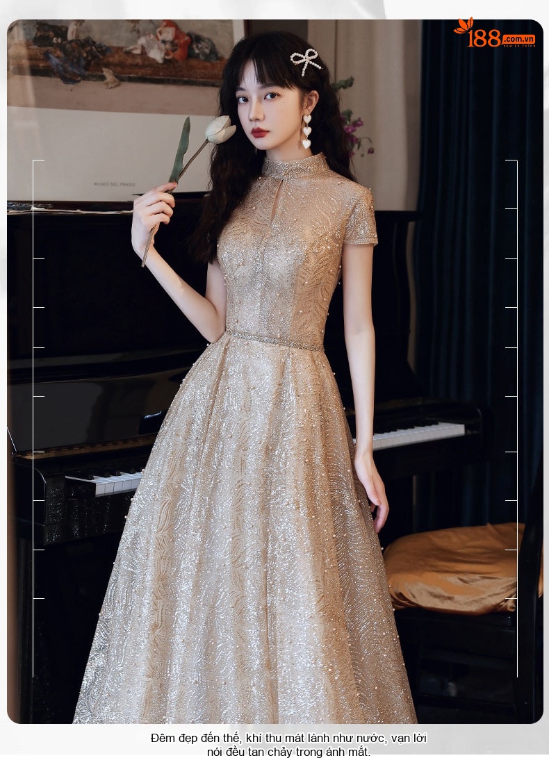 Váy Dạ Hội Nữ Cổ Tàu Tay Ngắn Dáng Dài Sang Trọng Màu Vàng Gold chi tiết 1