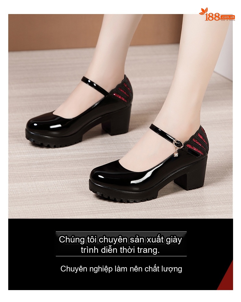 Giày Cao Gót Mary Jane Nữ Da Bóng Mũi Tròn Chiều Cao Đế Khoảng 8cm Màu Đen, Đỏ chi tiết 2