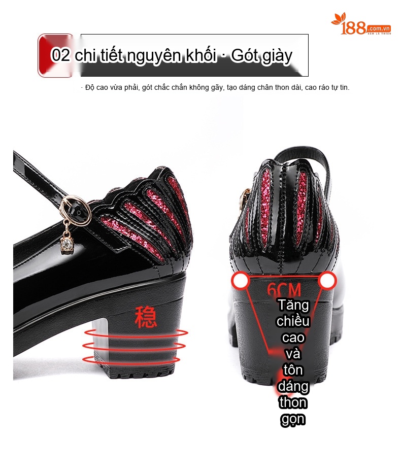 Giày Cao Gót Mary Jane Nữ Da Bóng Mũi Tròn Chiều Cao Đế Khoảng 8cm Màu Đen, Đỏ chi tiết 5