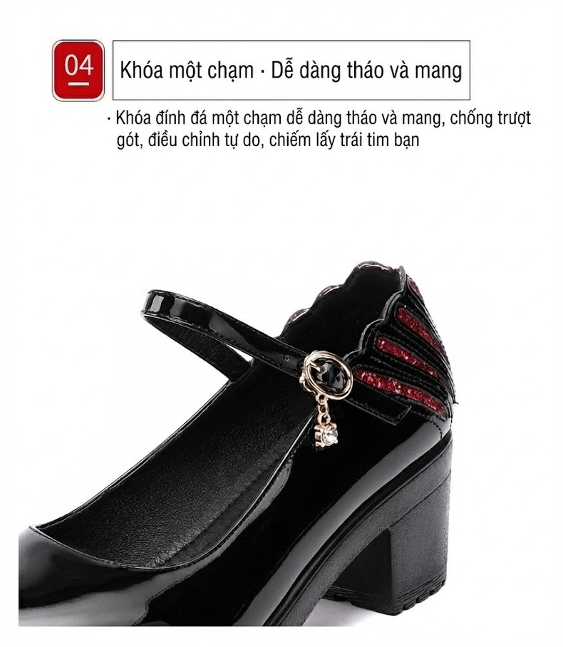 Giày Cao Gót Mary Jane Nữ Da Bóng Mũi Tròn Chiều Cao Đế Khoảng 8cm Màu Đen, Đỏ chi tiết 7