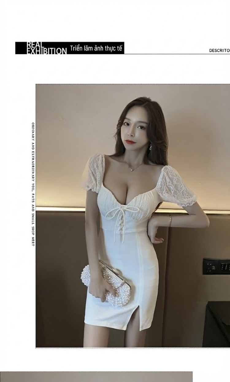 Váy Ngắn Nữ Ôm Body Cổ chữ V Trễ Vai Tay Bồng Ren Xẻ Tà Màu Trắng, Đen chi tiết 4