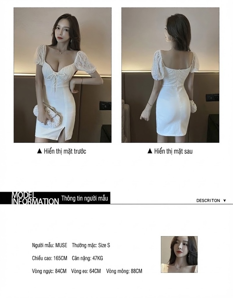 Váy Ngắn Nữ Ôm Body Cổ chữ V Trễ Vai Tay Bồng Ren Xẻ Tà Màu Trắng, Đen chi tiết 2