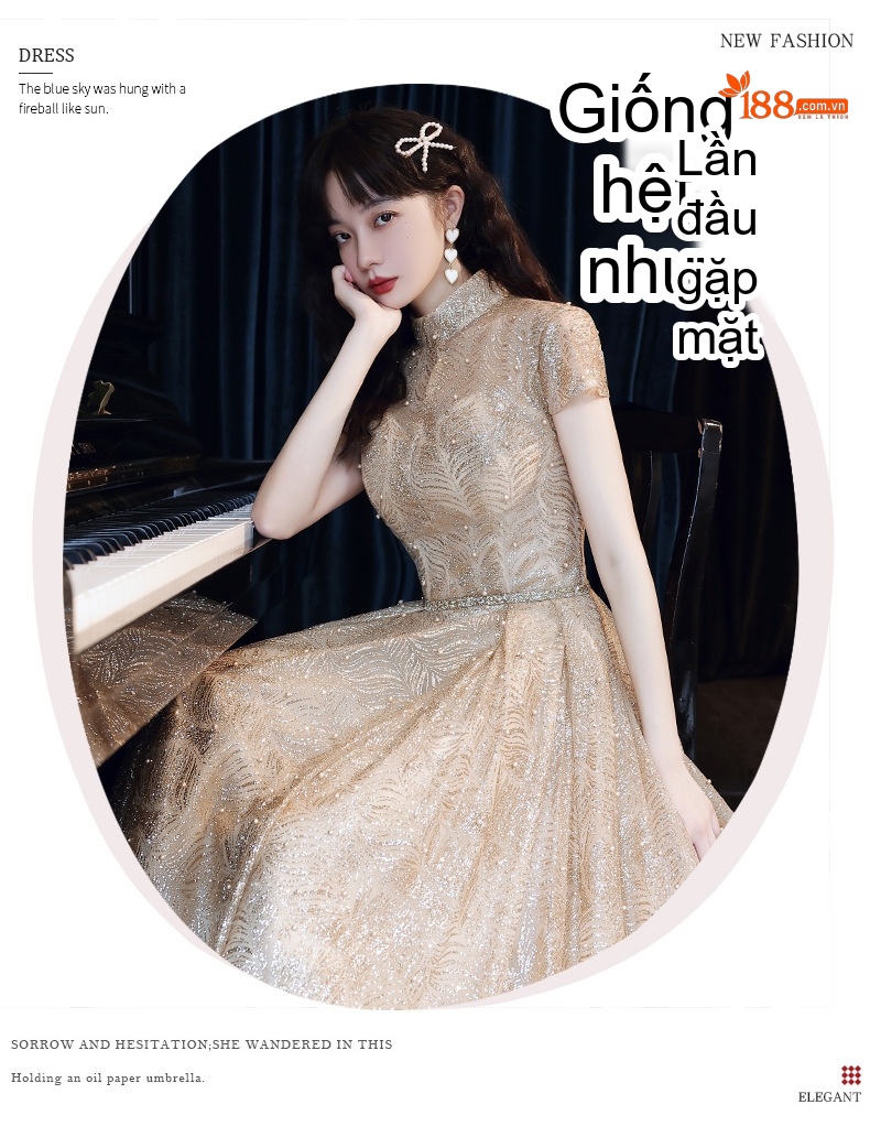Váy Dạ Hội Nữ Cổ Tàu Tay Ngắn Dáng Dài Sang Trọng Màu Vàng Gold chi tiết 2