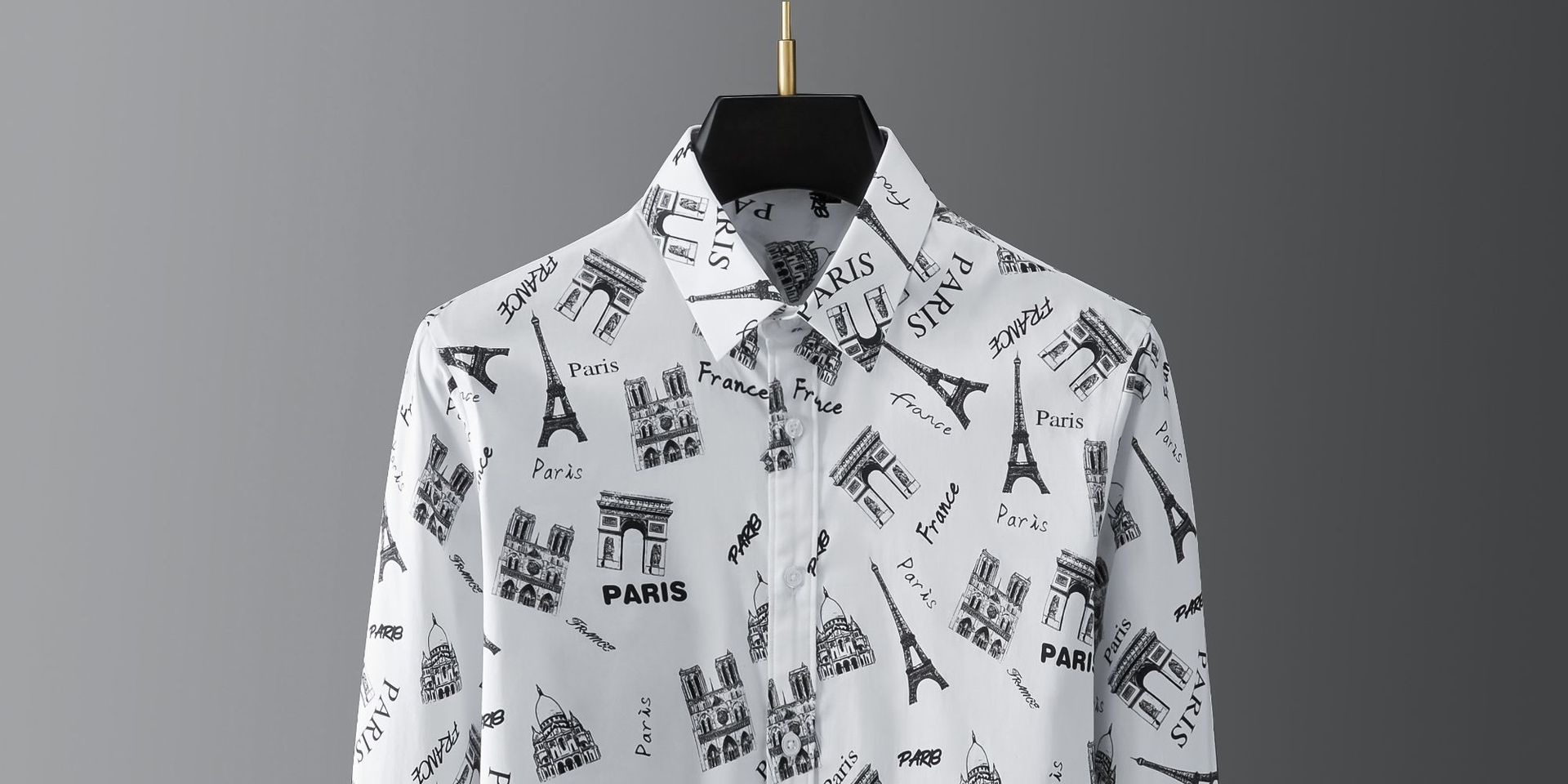 Áo Sơ Mi Dài Tay Nam Cotton In Hình Tháp Eiffel Phong Cách Pháp Màu Trắng, Đen