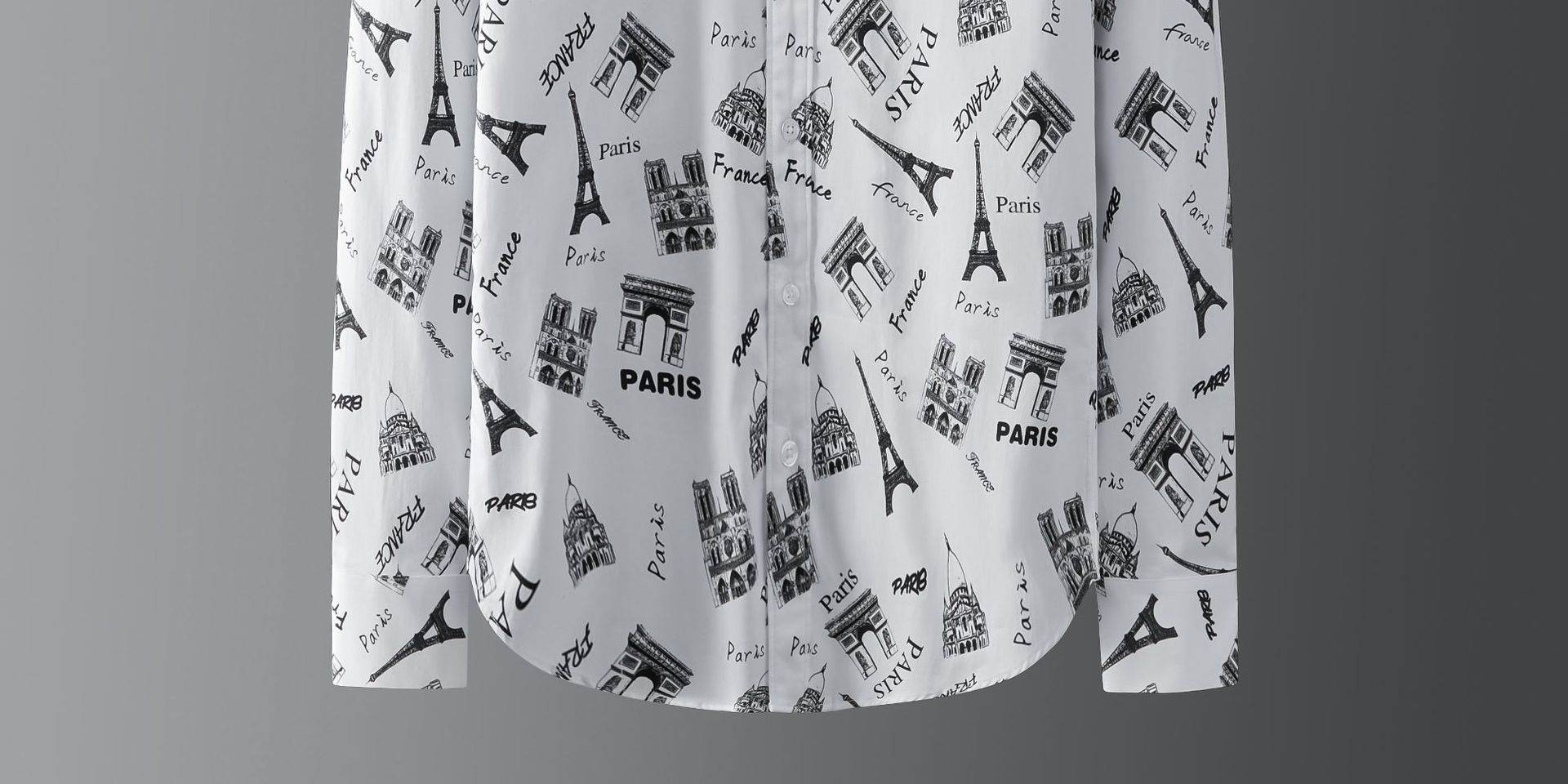 Áo Sơ Mi Dài Tay Nam Cotton In Hình Tháp Eiffel Phong Cách Pháp Màu Trắng, Đen