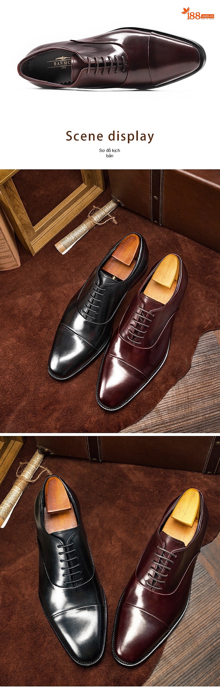 Giày Tây Oxford Nam Da Bò Chiều Cao Đế Khoảng 3cm Màu Đen, Đỏ Rượu chi tiết 10