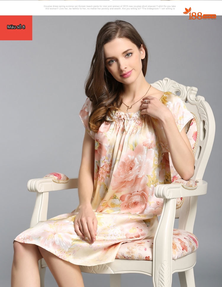 Váy ngủ lụa tơ tằm nữ tay ngắn dáng búp bê form rộng in hoa mùa hè chi tiết 10