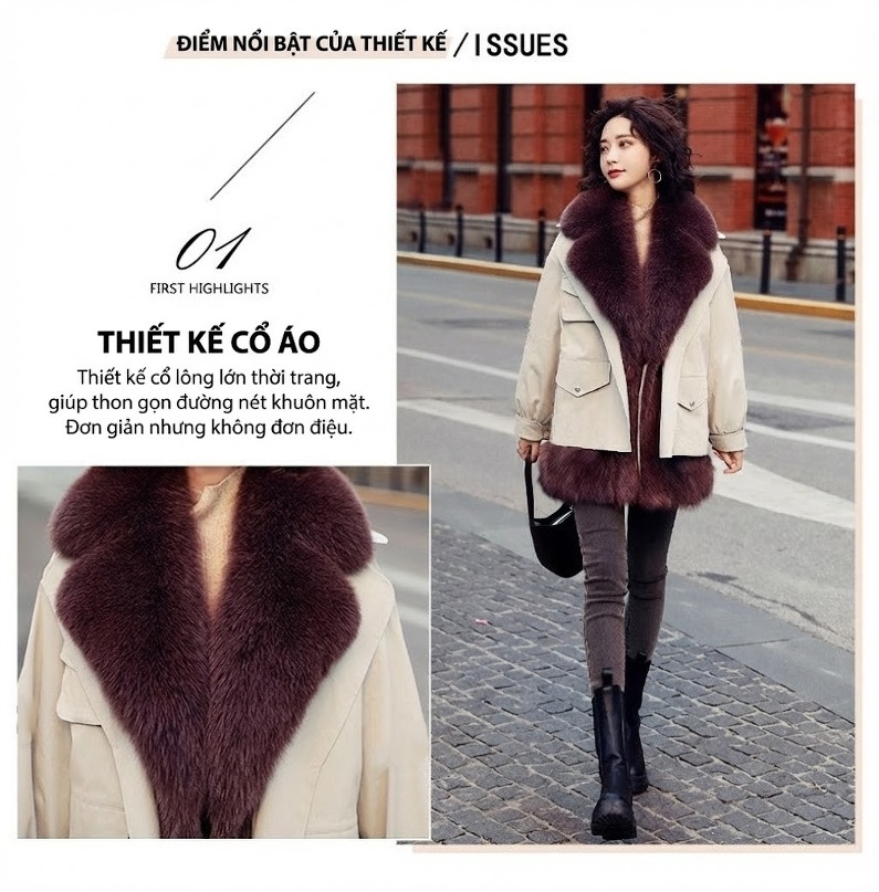 Áo Khoác Nữ Parka Lót Lông Dày Dặn Cổ Lông Rời Phong Cách Thời Trang Màu Kem, Nâu chi tiết 2