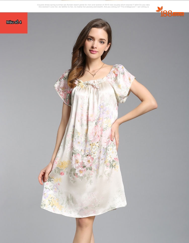 Váy ngủ lụa tơ tằm nữ tay ngắn dáng búp bê form rộng in hoa mùa hè chi tiết 4