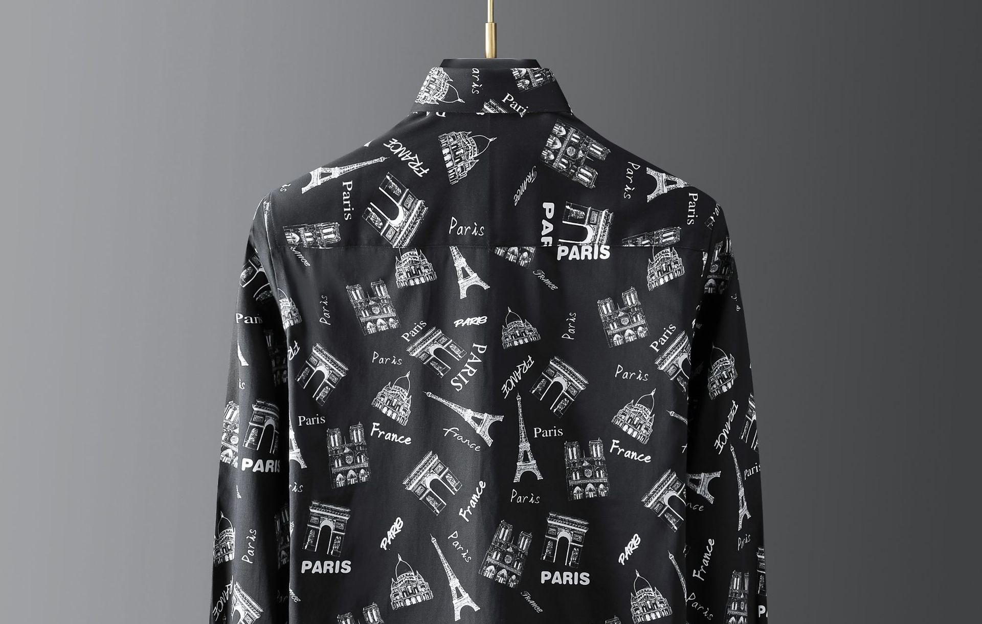 Áo Sơ Mi Dài Tay Nam Cotton In Hình Tháp Eiffel Phong Cách Pháp Màu Trắng, Đen