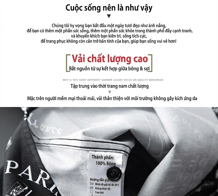 Áo Sơ Mi Dài Tay Nam Cotton In Hình Tháp Eiffel Phong Cách Pháp Màu Trắng, Đen chi tiết 4