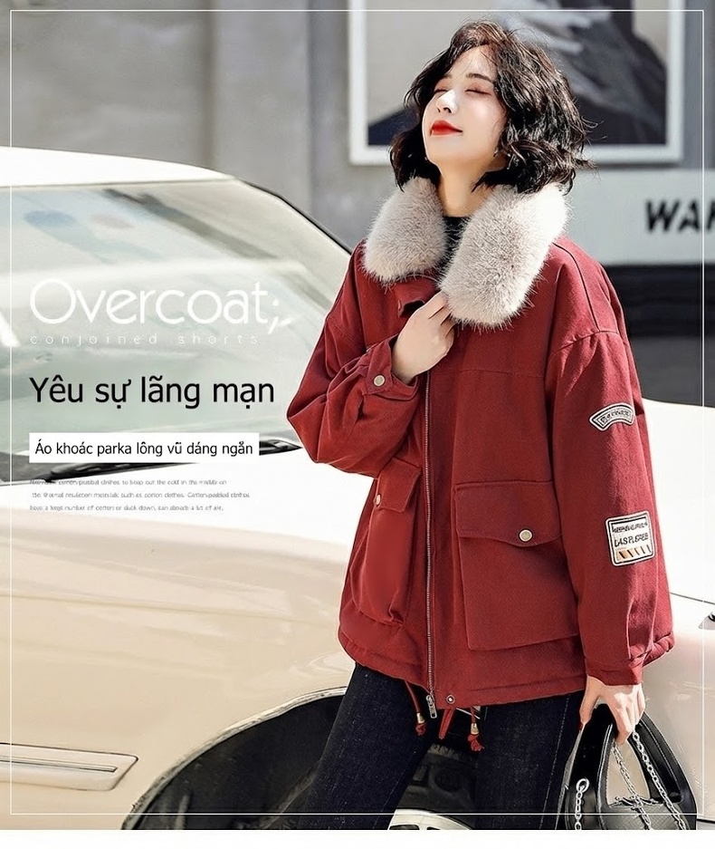 Áo Khoác Phao Nữ Lót Lông Cổ Áo Lông Kiểu Hàn Quốc Dáng Rộng Có Túi Màu Đỏ, Nâu chi tiết 2