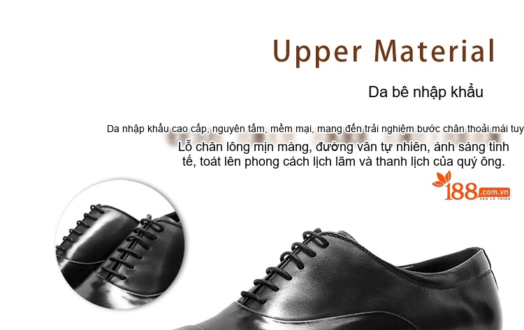 Giày Tây Oxford Nam Da Bò Chiều Cao Đế Khoảng 3cm Màu Đen, Đỏ Rượu chi tiết 2