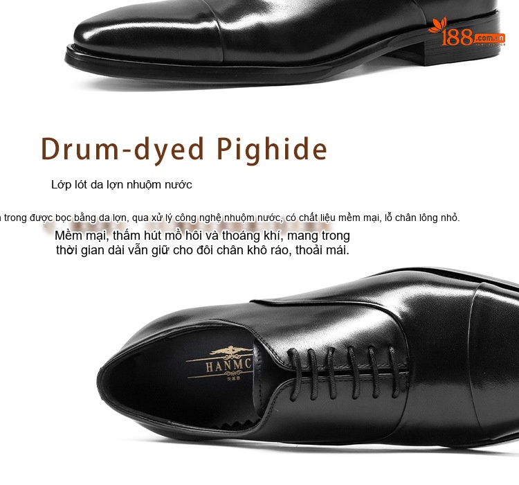 Giày Tây Oxford Nam Da Bò Chiều Cao Đế Khoảng 3cm Màu Đen, Đỏ Rượu chi tiết 3