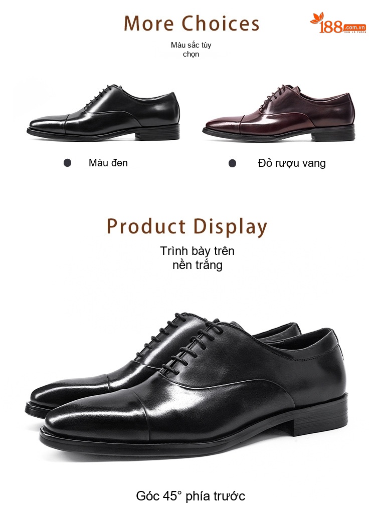 Giày Tây Oxford Nam Da Bò Chiều Cao Đế Khoảng 3cm Màu Đen, Đỏ Rượu chi tiết 5