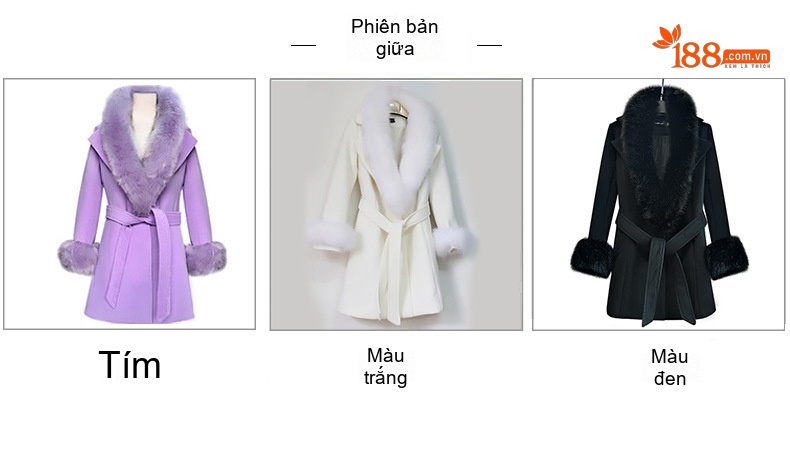 Áo Khoác Dạ Nữ Cổ Lông Lớn Thắt Đai Phong Cách Hàn Quốc Màu Tím, Đen, Trắng chi tiết 5