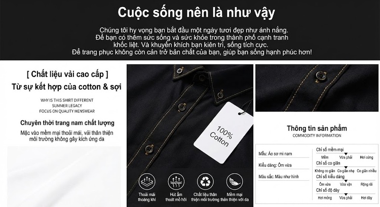 Áo Sơ Mi Nam Tay Dài Cotton Thêu Họa Tiết Hình Học Bất Đối Xứng Dáng Ôm Màu Trắng, Đen chi tiết 4
