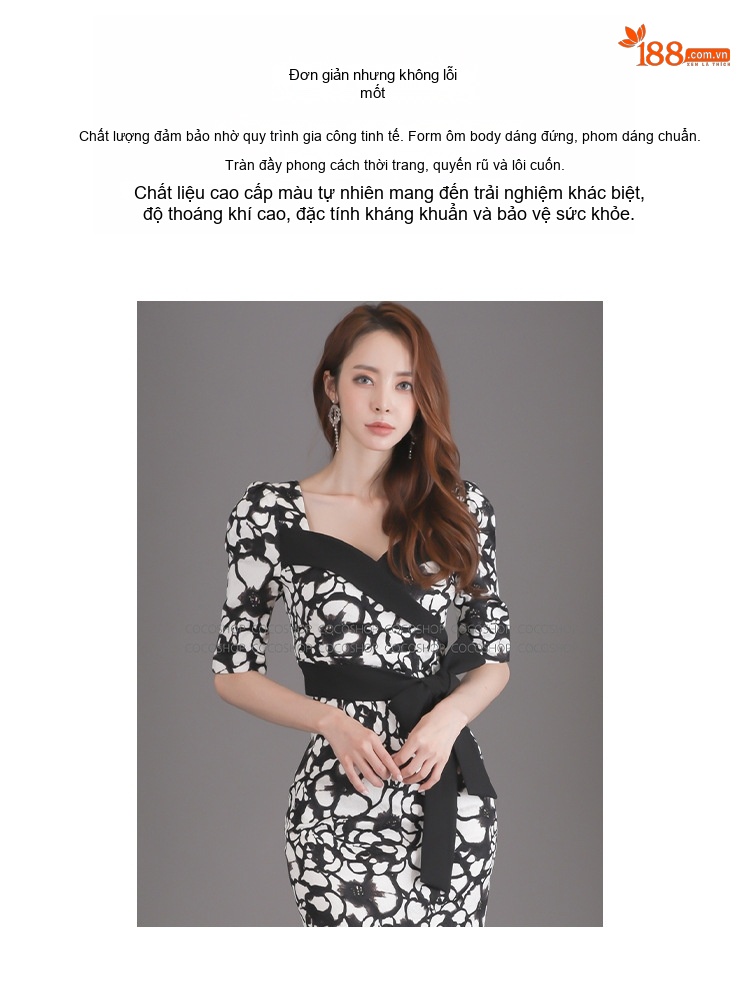 Váy Ôm Dự Tiệc Nữ Cổ chữ Vuông Tay Lỡ Thắt Eo In Họa Tiết Dáng Dài Màu Đen Trắng chi tiết 2