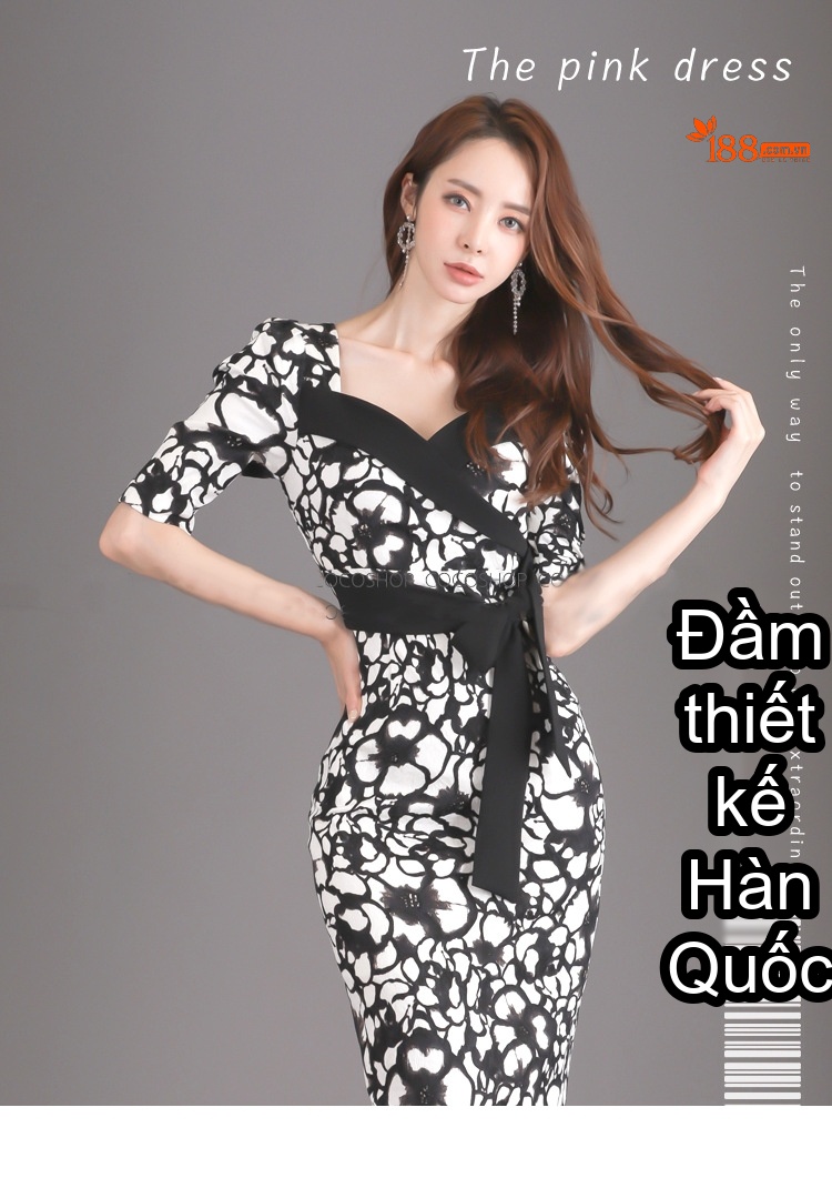 Váy Ôm Dự Tiệc Nữ Cổ chữ Vuông Tay Lỡ Thắt Eo In Họa Tiết Dáng Dài Màu Đen Trắng chi tiết 1