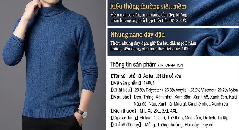 Áo Len Nam Cổ Lọ Dệt Kim Lót Lông Dày Dặn Phong Cách Hàn Quốc Màu Be, Xám, Đen, Xanh... chi tiết 33