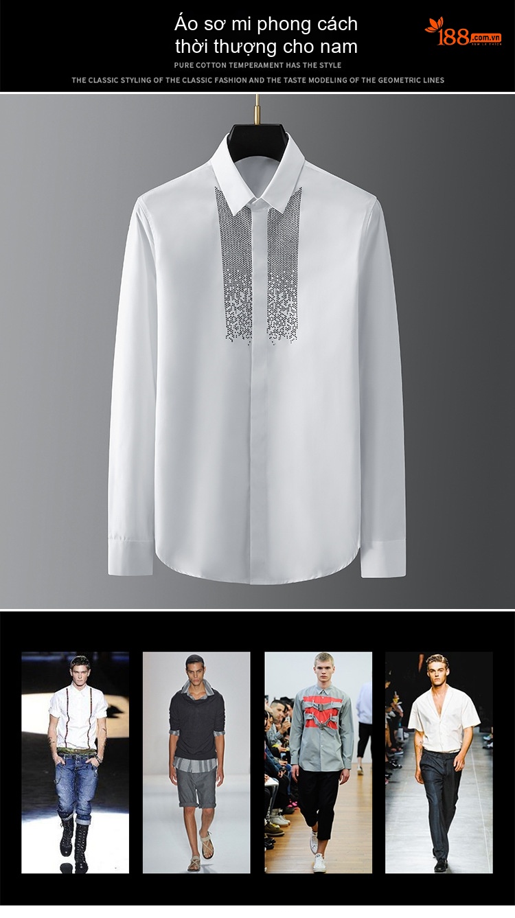 Áo Sơ Mi Nam Dài Tay Slim Fit Đính Đá Phong Cách Thời Trang Màu Đen, Trắng chi tiết 1