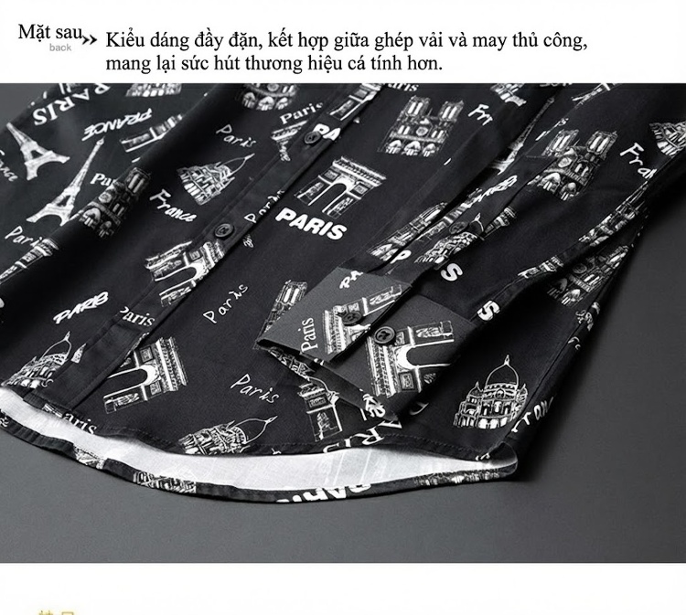 Áo Sơ Mi Dài Tay Nam Cotton In Hình Tháp Eiffel Phong Cách Pháp Màu Trắng, Đen chi tiết 12