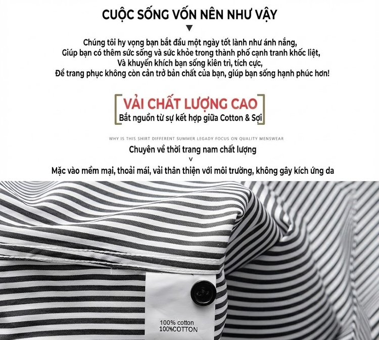 Áo Sơ Mi Nam Dáng Ôm Tay Dài Cotton Sọc Đen Trắng chi tiết 4