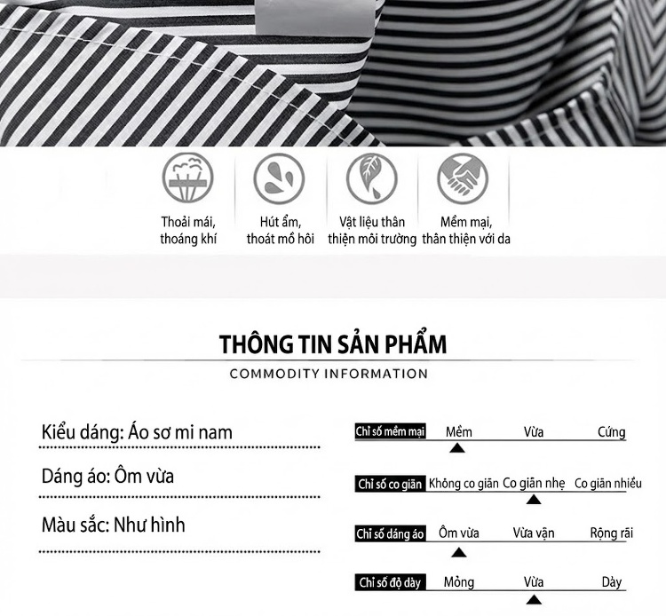 Áo Sơ Mi Nam Dáng Ôm Tay Dài Cotton Sọc Đen Trắng chi tiết 5
