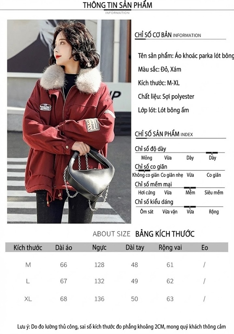Áo Khoác Phao Nữ Lót Lông Cổ Áo Lông Kiểu Hàn Quốc Dáng Rộng Có Túi Màu Đỏ, Nâu chi tiết 10