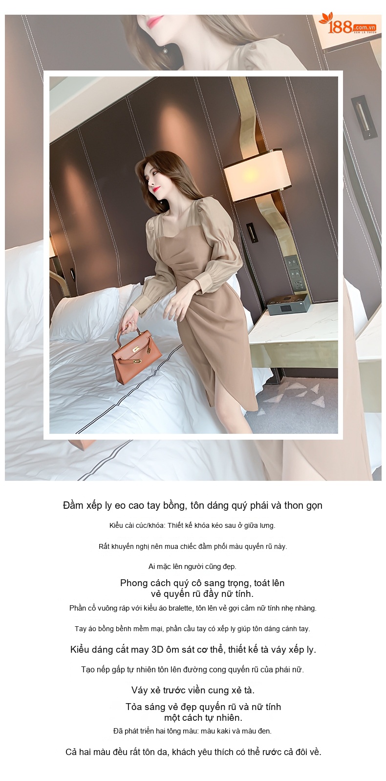 Váy Đầm Nữ Dáng Ôm Cổ chữ Vuông Tay Bồng Thiết Kế Bất Đối Xứng Phong Cách Hàn Quốc Màu Đen, Nâu chi tiết 1
