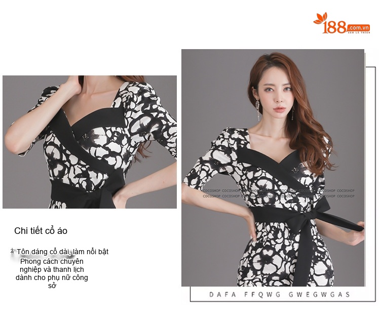 Váy Ôm Dự Tiệc Nữ Cổ chữ Vuông Tay Lỡ Thắt Eo In Họa Tiết Dáng Dài Màu Đen Trắng chi tiết 3