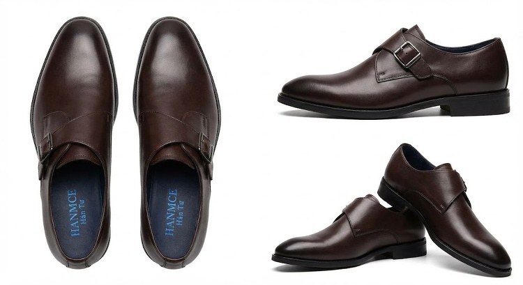 Giày Monkstrap Khóa Cài Nam Da Bò Mũi Nhọn Chiều Cao Đế Khoảng 2.5cm Màu Đen, Nâu Đỏ chi tiết 9